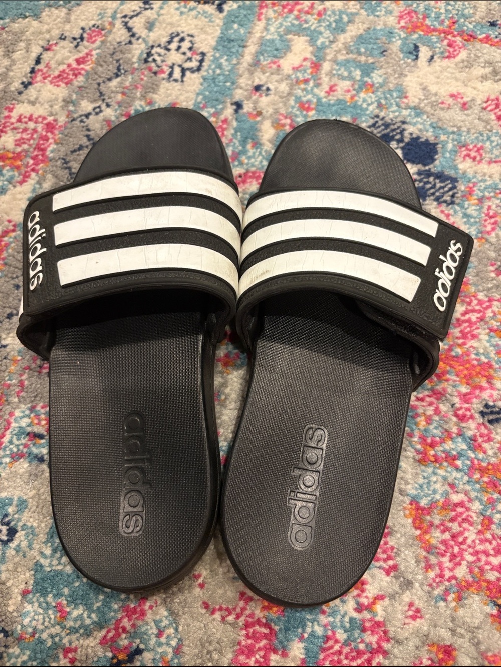 adidas Black and White Kids Slide Sandals with Three Stripes - Picture 2 of 5